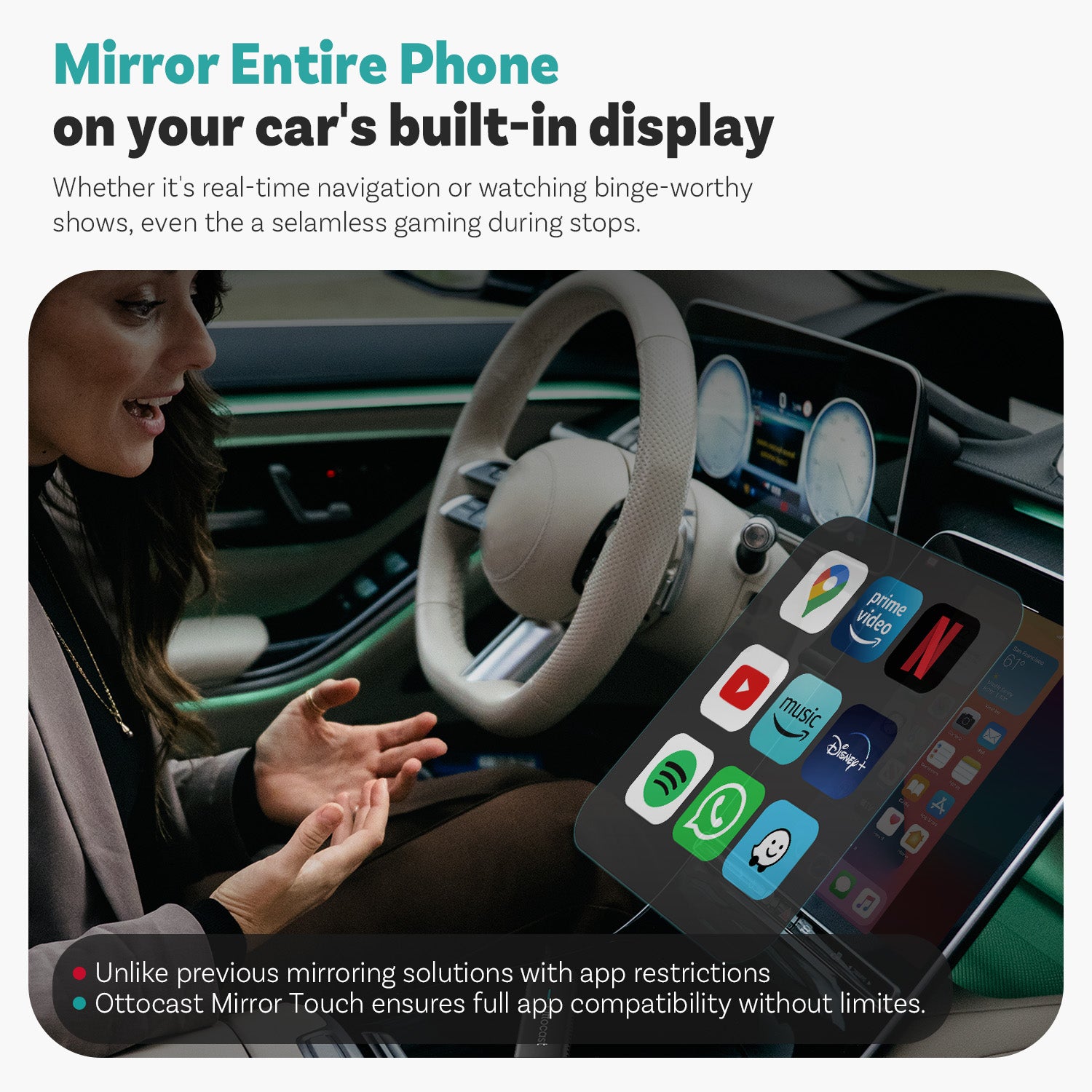 OTTOCAST® Mirror Touch | Screen Mirroring+Bi-Directional Control+Wireless CarPlay & Android Auto