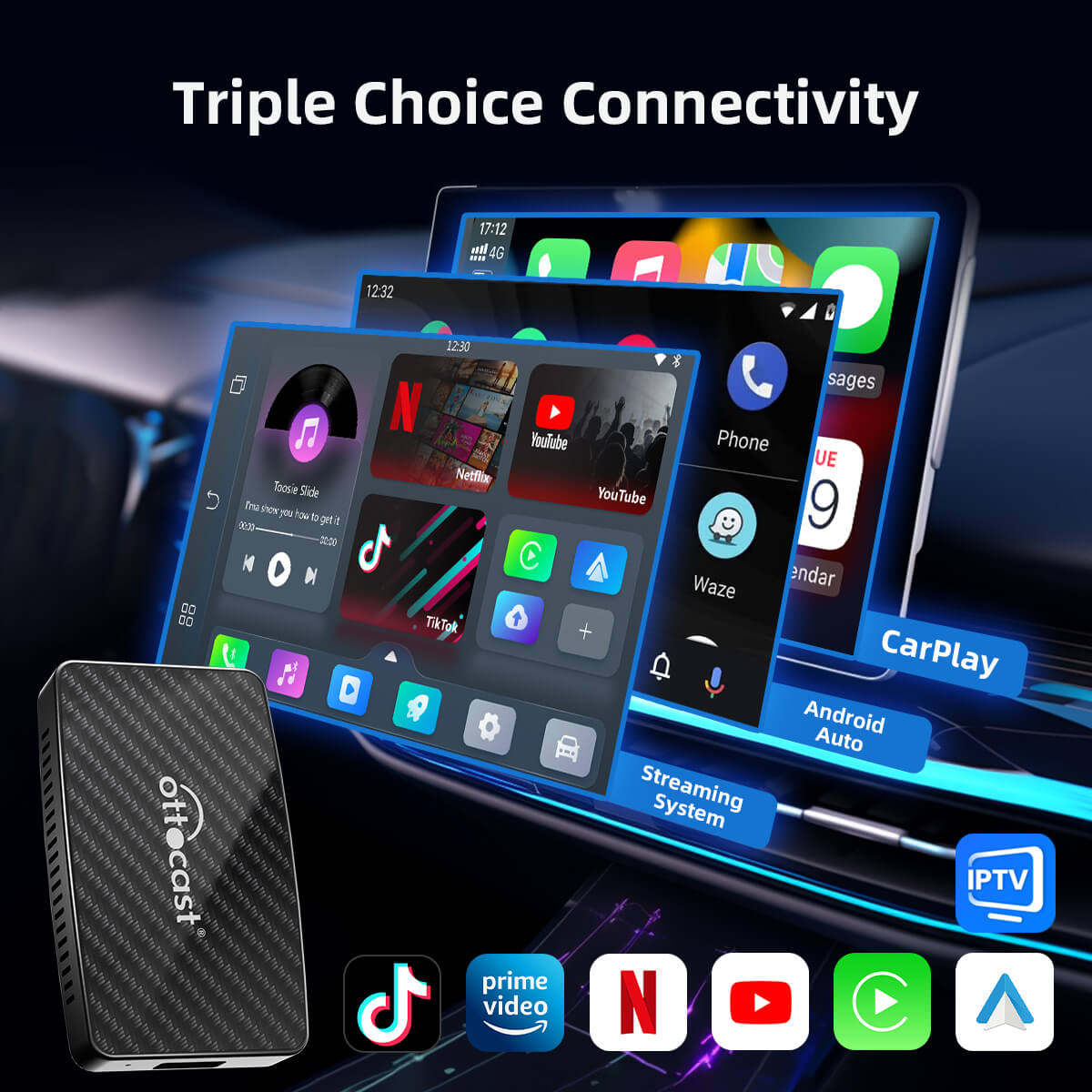 OTTOCAST® Play2Video Pro | Netflix, YouTube, Prime Video & Kabelloses CarPlay Android Auto