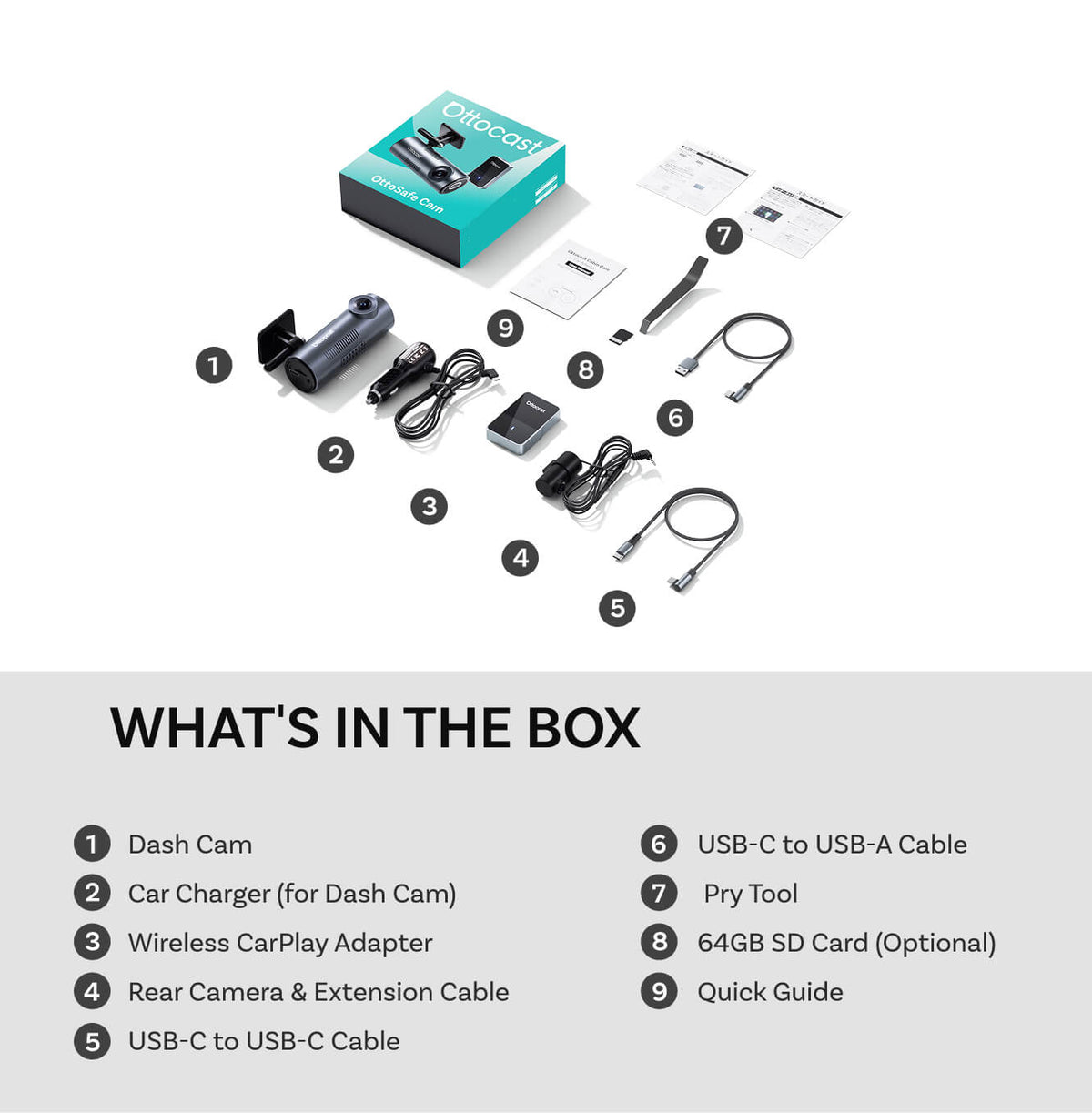 Ottocast® OttoSafe Cam 3-i-1 dobbel dash-kamera og trådløs CarPlay-adapter