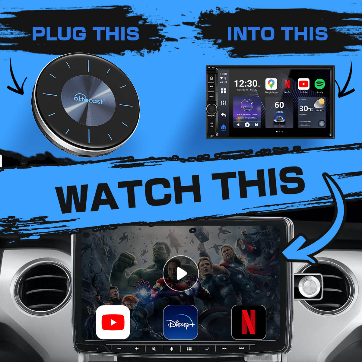 OTTOCAST® P3 AI Box | Netflix,Hulu,App Store + Wireless CarPlay&Wireless Android Auto