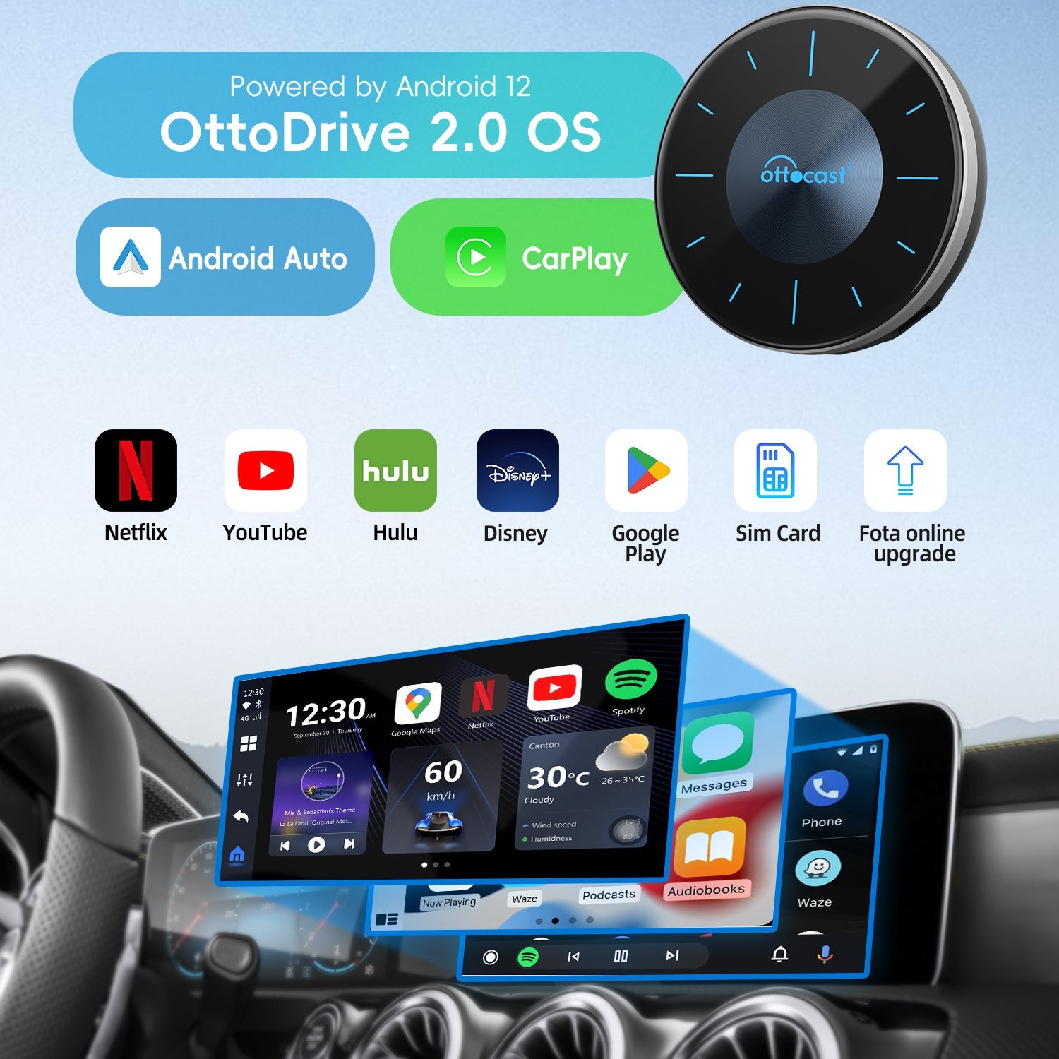 OTTOCAST® P3 AI Box | Netflix,Hulu,App Store + Wireless CarPlay&Wireless Android Auto