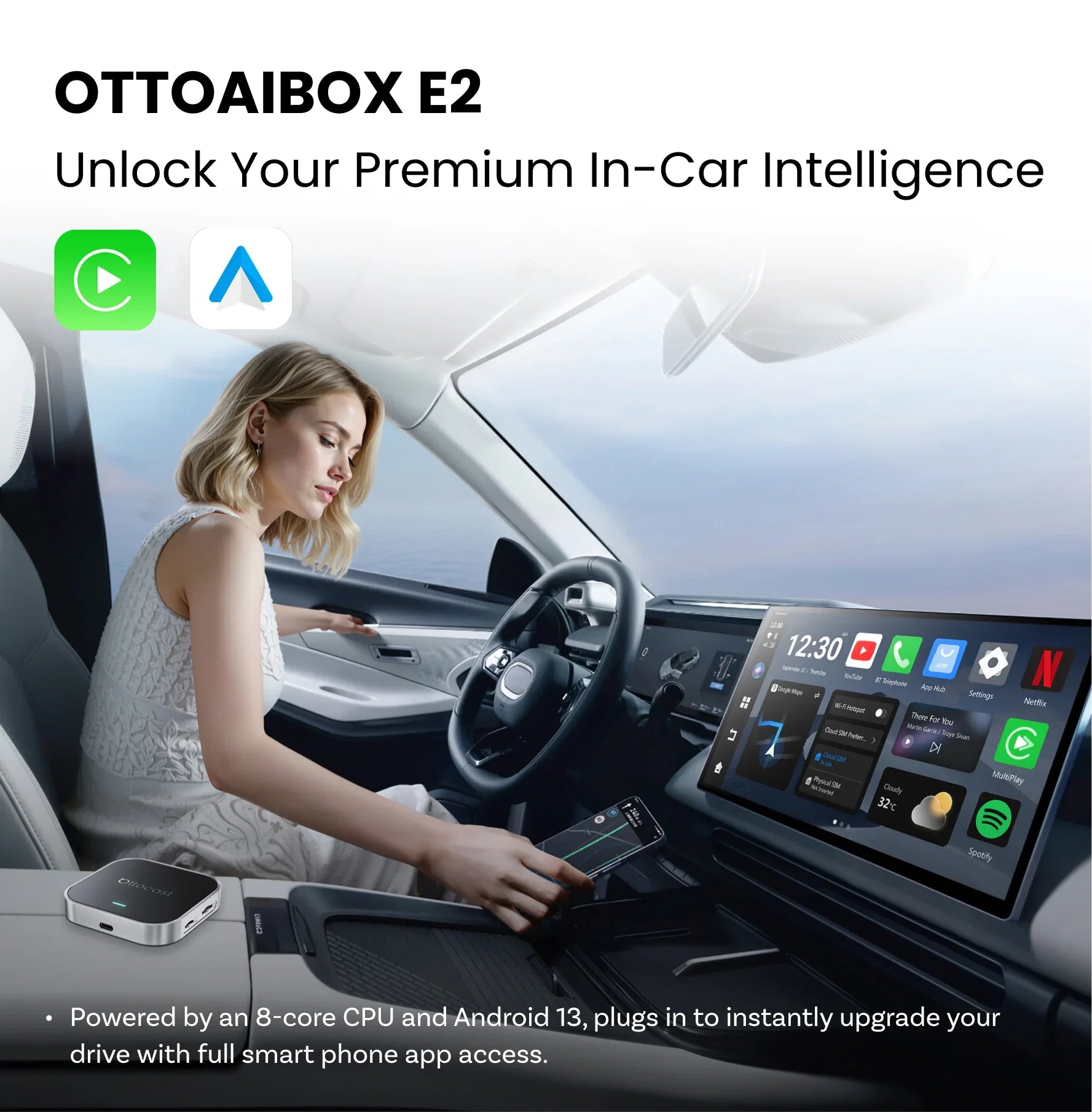 OTTOAIBOX® E2 CarPlay KI-Box | Lade jede App herunter + CloudSIM + Kabelloses CarPlay und Android Auto