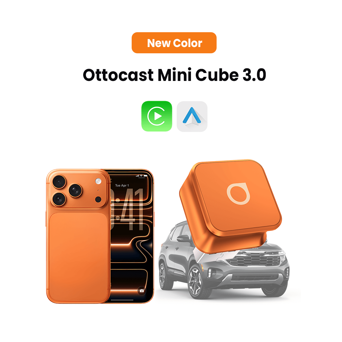 OTTOCAST® Mini 3.0 Ultra Cube Wireless CarPlay Android Auto 2-in-1 Adapter - Cosmic Orange