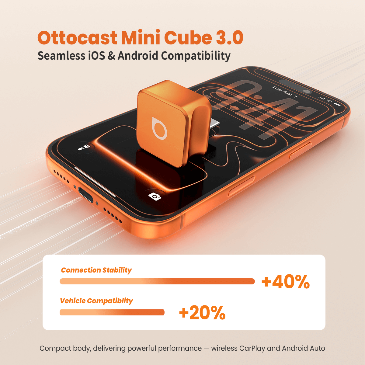 OTTOCAST® Mini 3.0 Ultra Cube Wireless CarPlay Android Auto 2 in 1 Adapter - Cosmic Orange