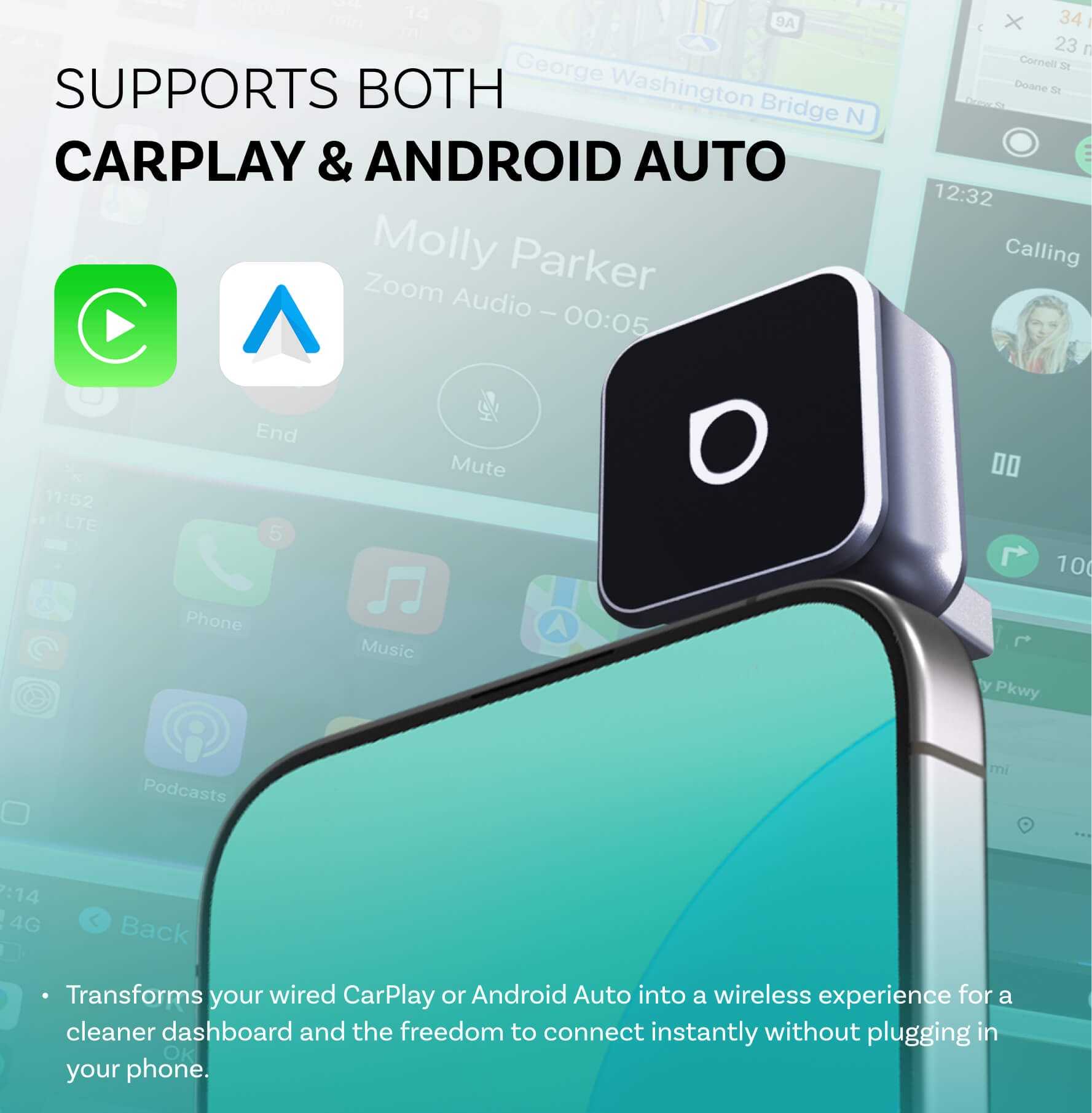 Ottocast Mini 3.0 Ultra Cube trådløs CarPlay Android Auto 2 i 1 adapter