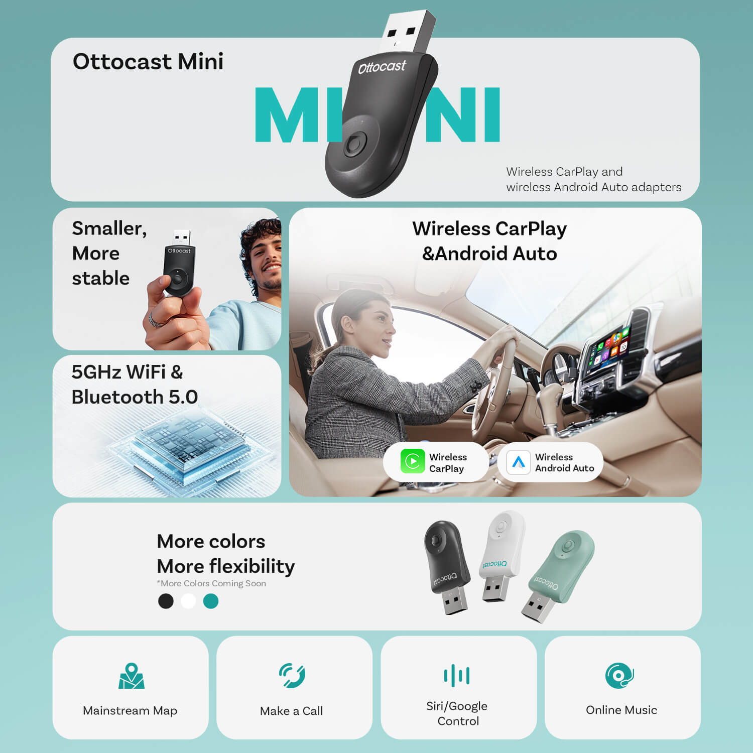 OTTOCAST® Mini | CarPlay Sem Fio + Android Auto + Troca com Um Clique