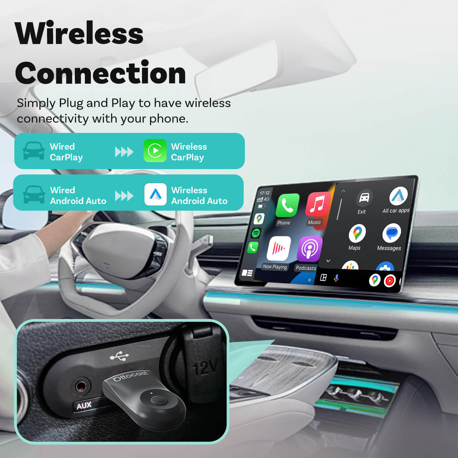 OTTOCAST® Mini | CarPlay Sem Fio + Android Auto + Troca com Um Clique