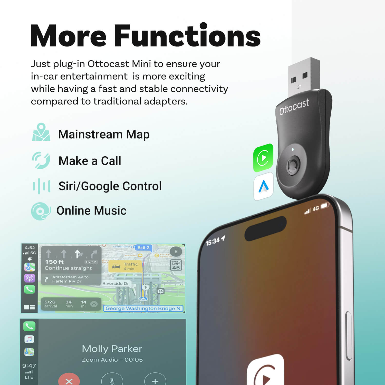 OTTOCAST® Mini | CarPlay Sem Fio + Android Auto + Troca com Um Clique