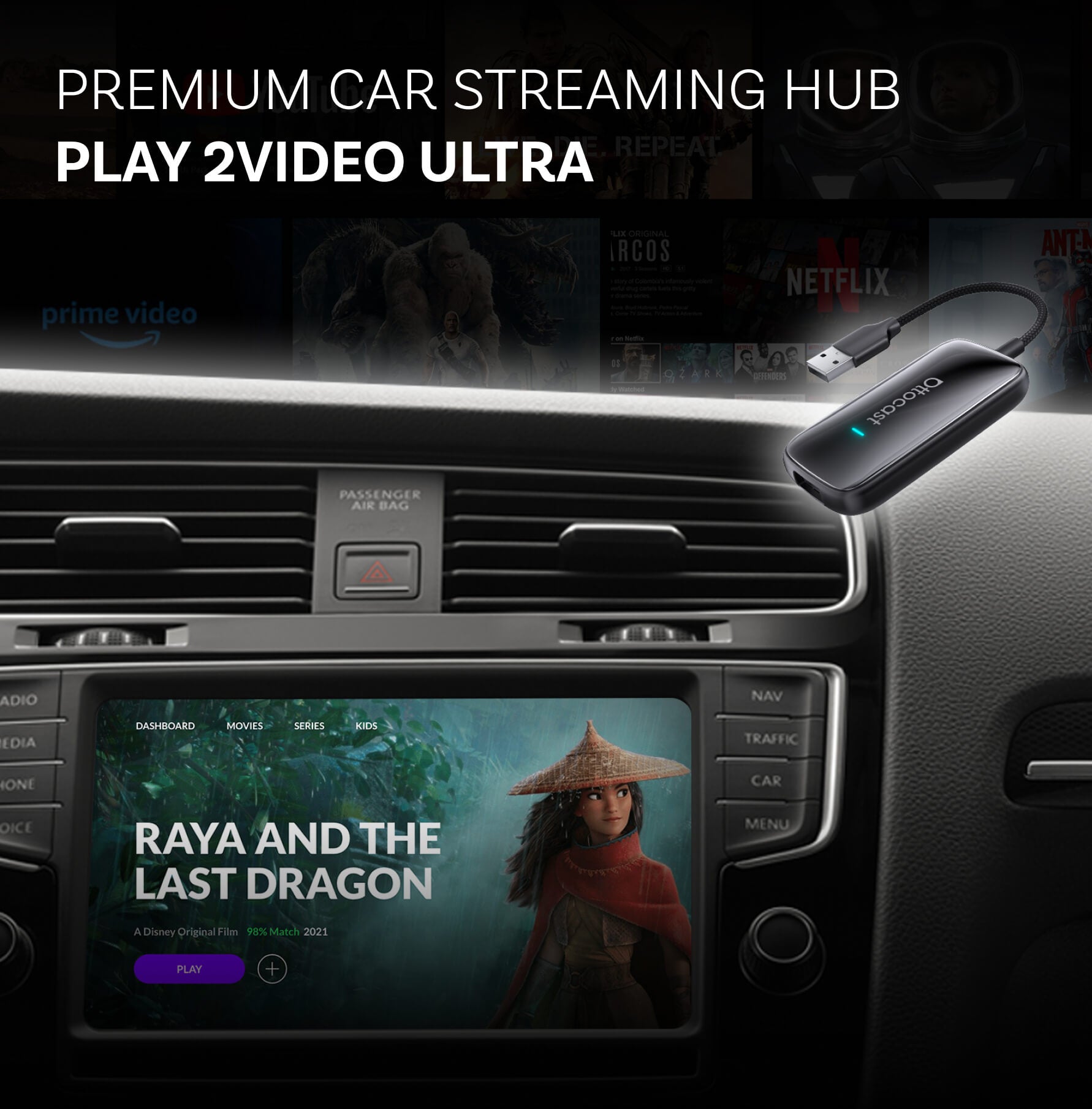 OTTOCAST® Play2Video Ultra | App Hub, Netflix, YouTube, Prime Video & Wireless CarPlay Android Auto