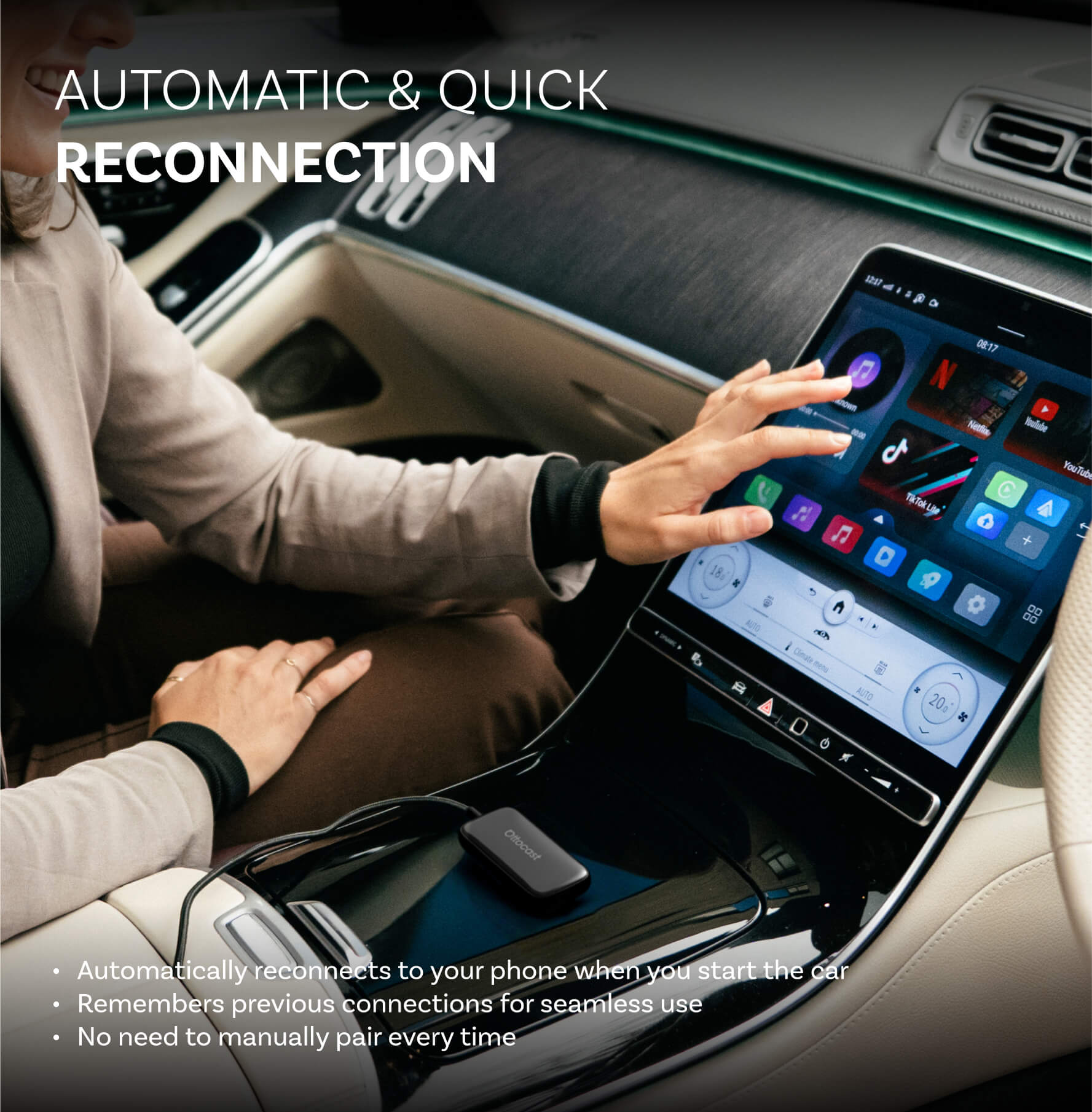 OTTOCAST® Play2Video Ultra | App Hub, Netflix, YouTube, Prime Video & Wireless CarPlay Android Auto