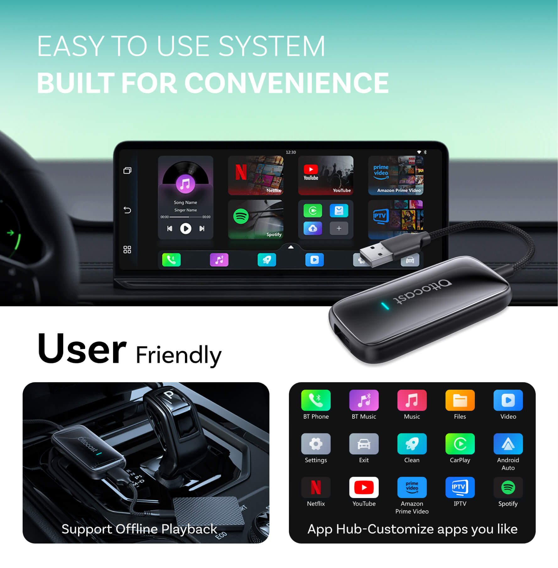 (🎉Summer Sale 44% OFF) Ottocast® Play2Video Pro | APP HUB+Netflix, YouTube, Prime Video + Wireless CarPlay Android Auto Adapter
