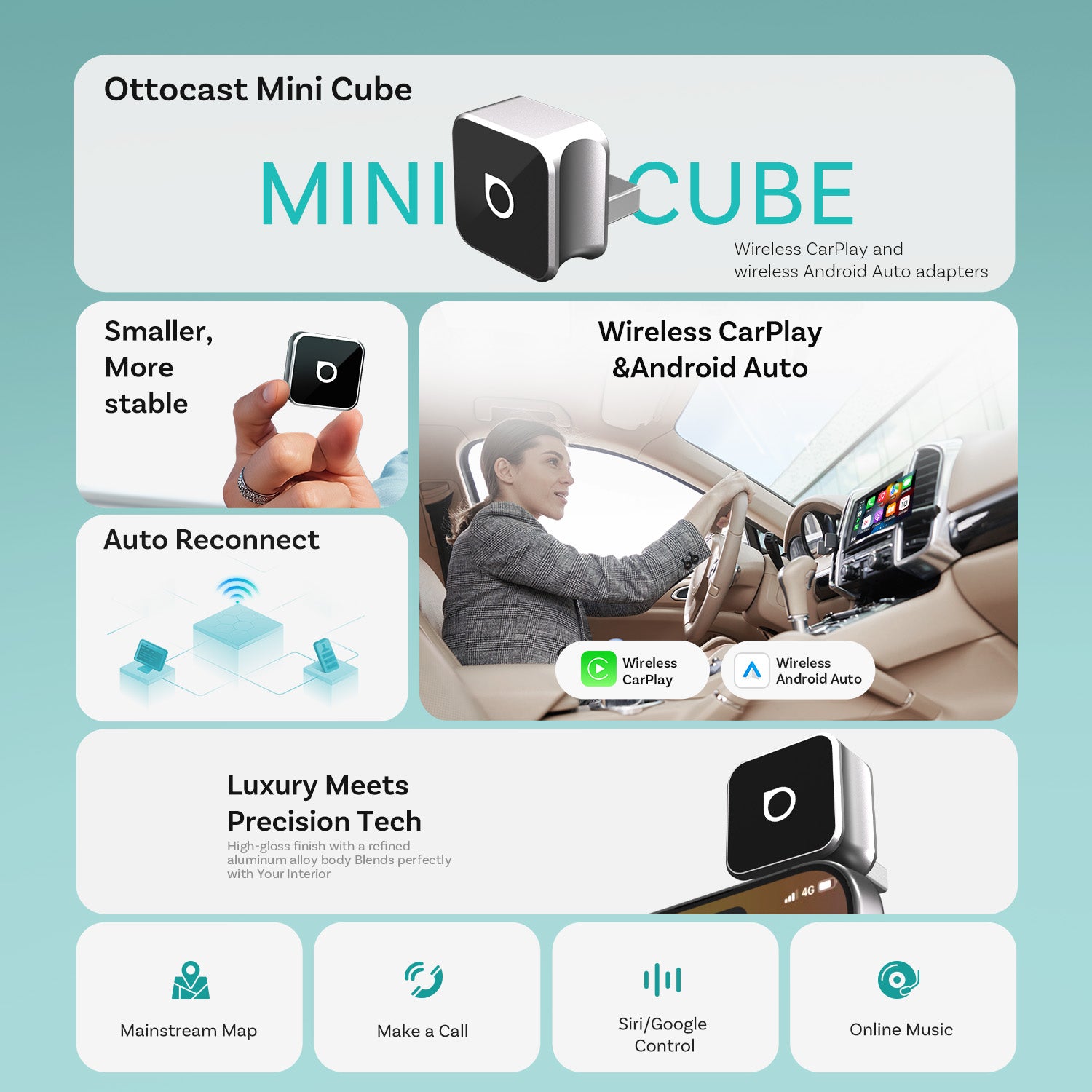 Ottocast Mini 3.0 Ultra Cube Adaptador Wireless CarPlay Android Auto