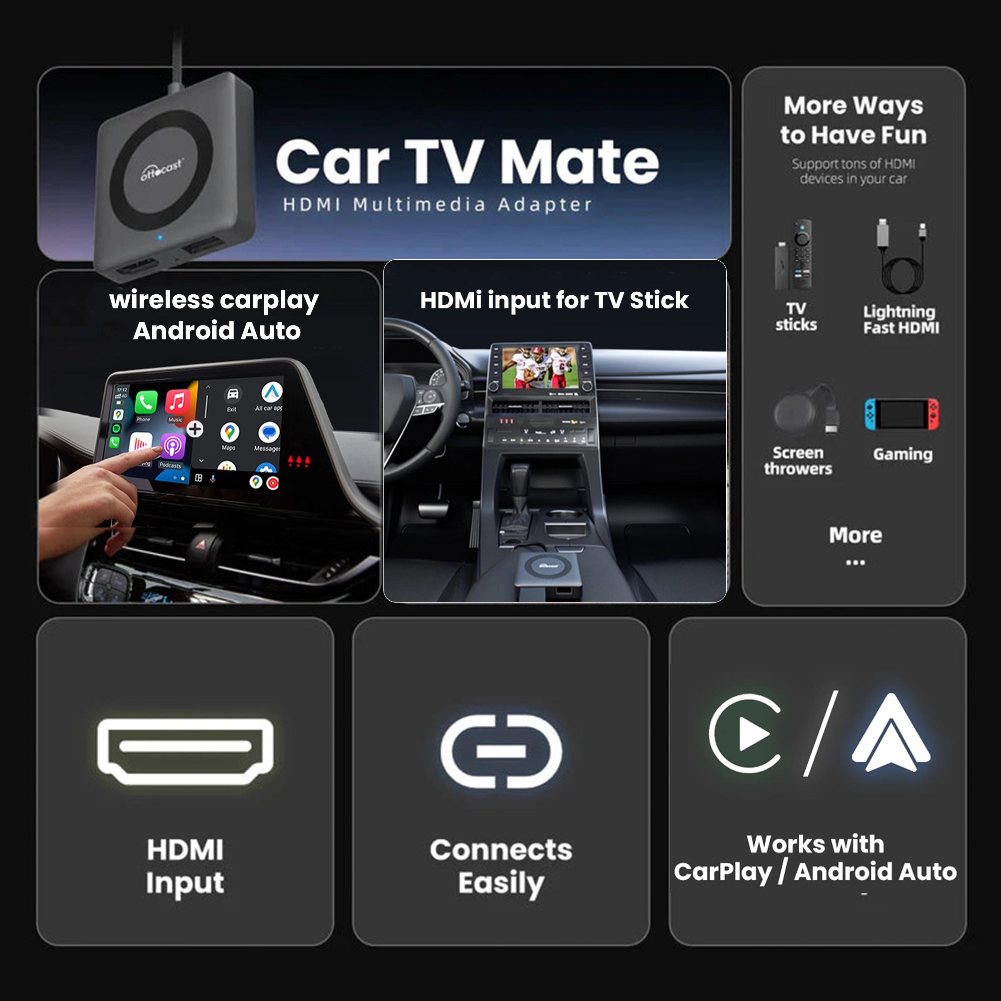 OTTOCAST® Car TV Mate Pro | Fire TV Sticks + Screen Mirroring+Wireless CarPlay & Android Auto