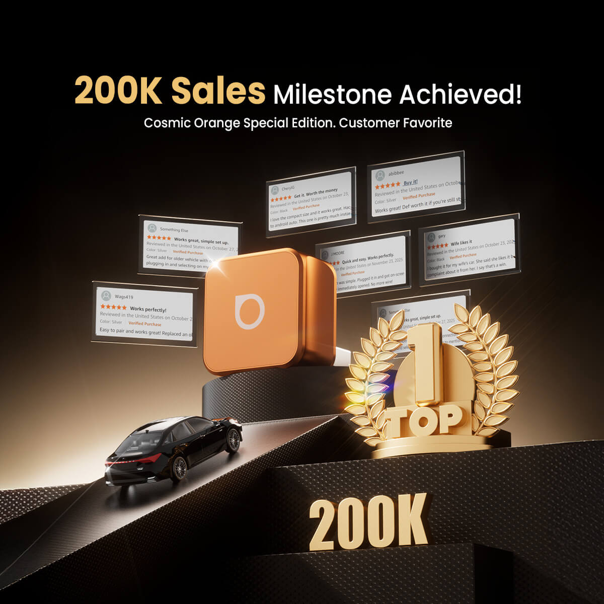 OTTOCAST® Mini 3.0 Ultra Cube Wireless CarPlay Android Auto 2 in 1 Adapter - Cosmic Orange