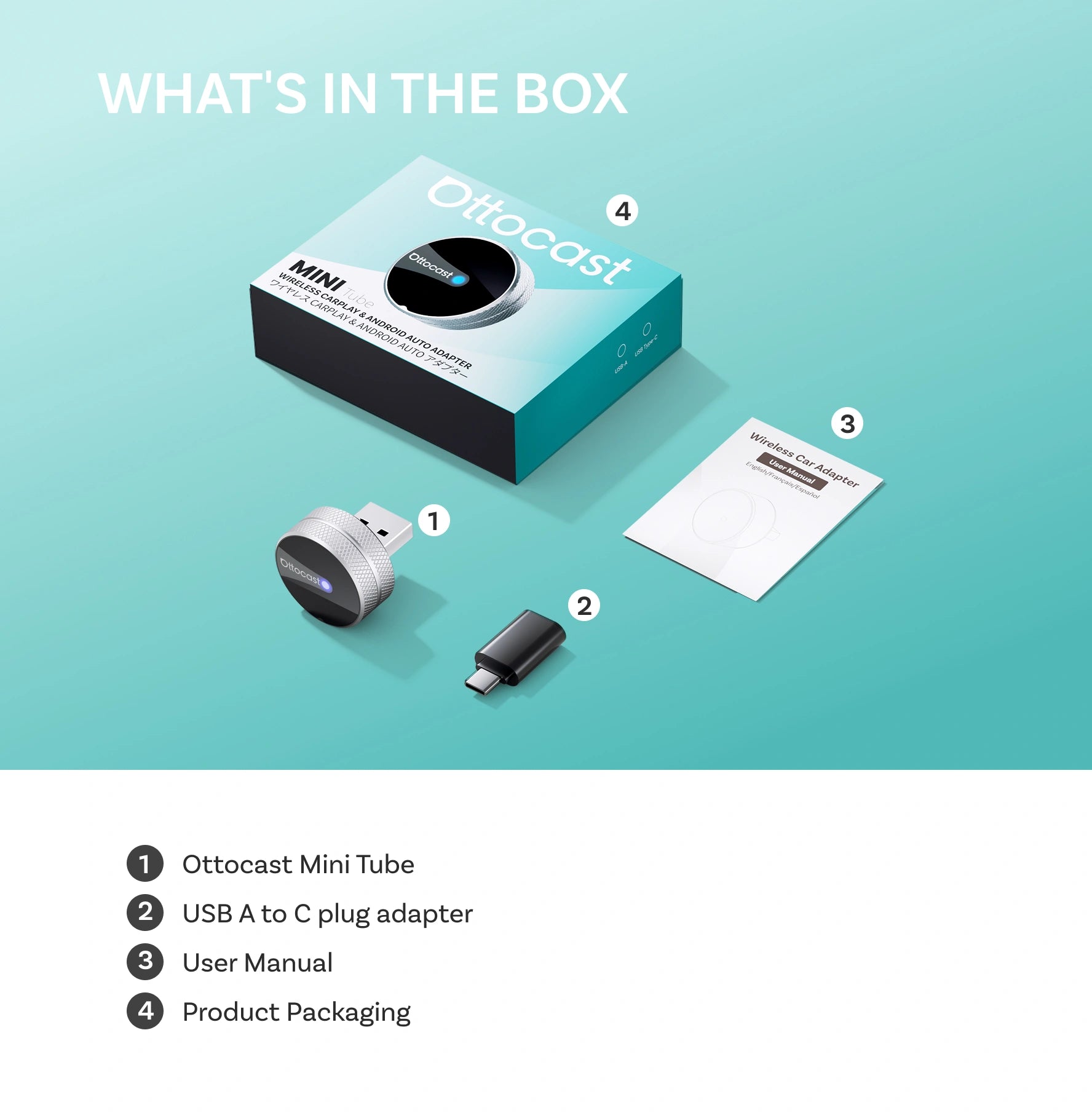 OTTOCAST® Mini Tube Adaptador inalámbrico CarPlay/Android Auto