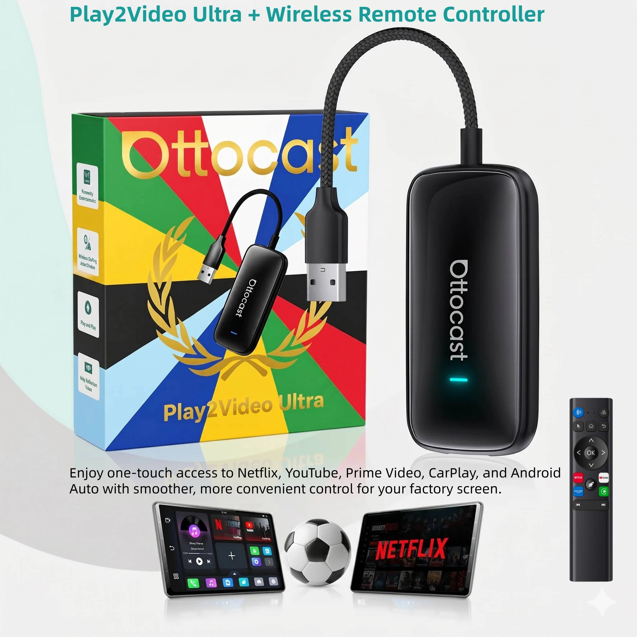 OTTOCAST® Play2Video Ultra | App Hub, Netflix, YouTube, Prime Video y CarPlay inalámbrico Android Auto